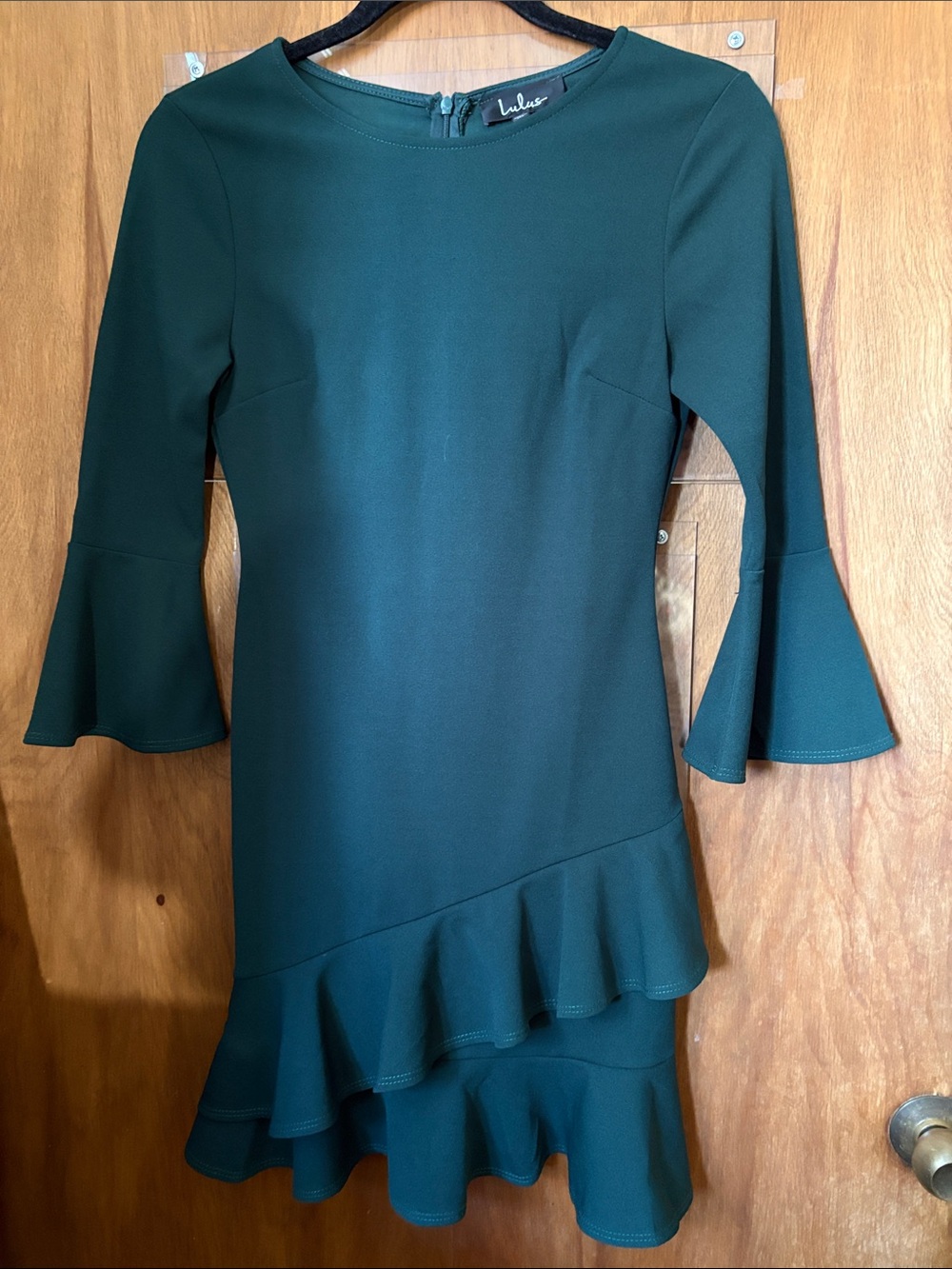 Lulus Deep Green Ruffle Hem Bell Sleeve Dress - Picture 2 of 7